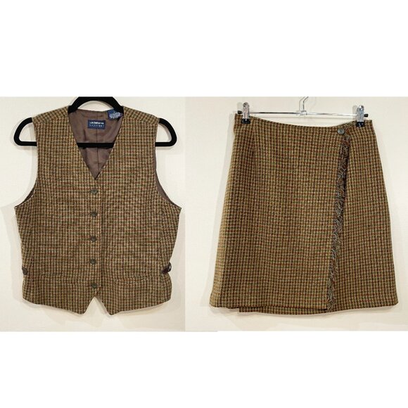 EUC Vintage 100% Wool Houndstooth Vest + Mini Skirt Set Olive sz 6 - Picture 1 of 11